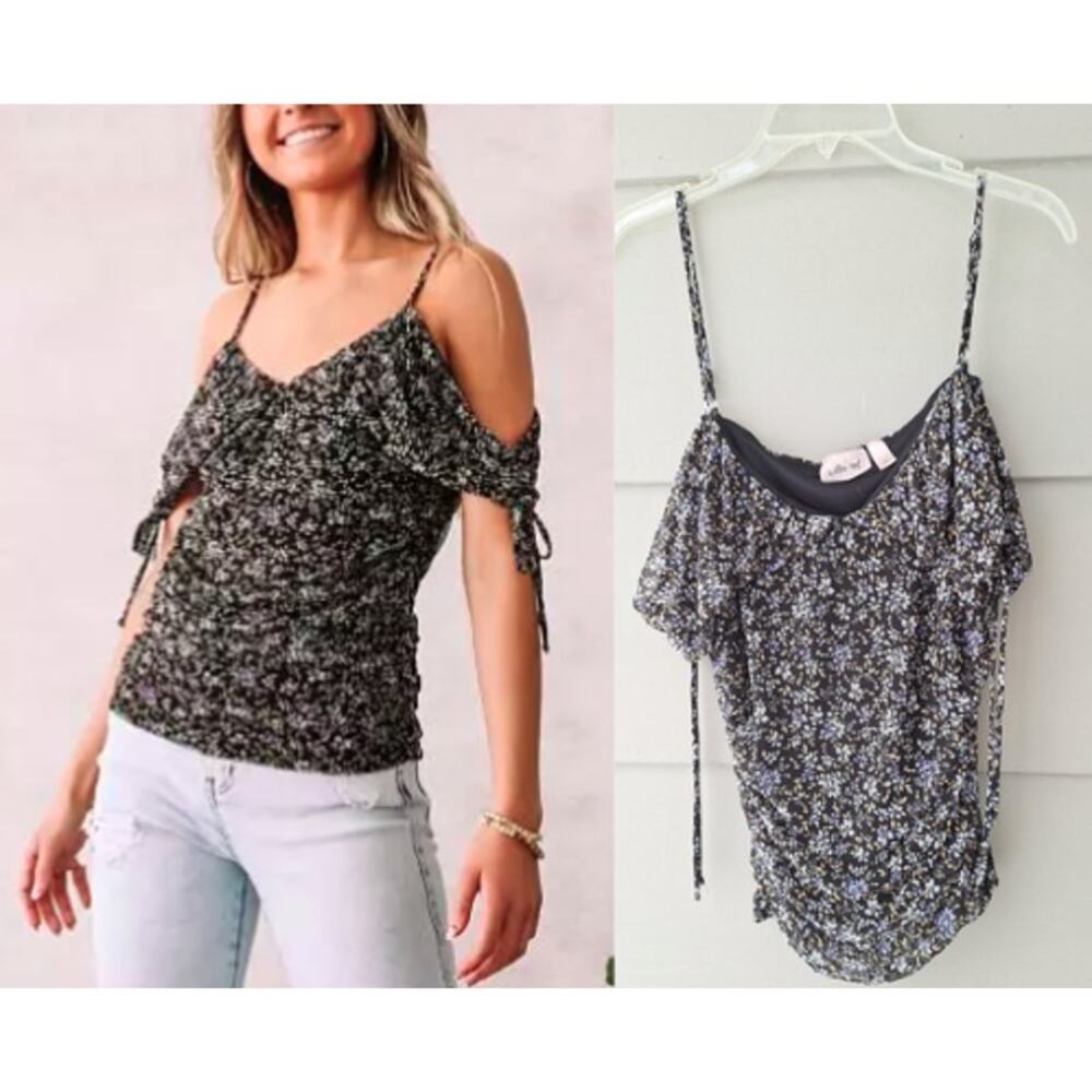 Willow &  Root Buckle Y2K style Ruched Cold Shoulder Mesh Tank Top Size M Black